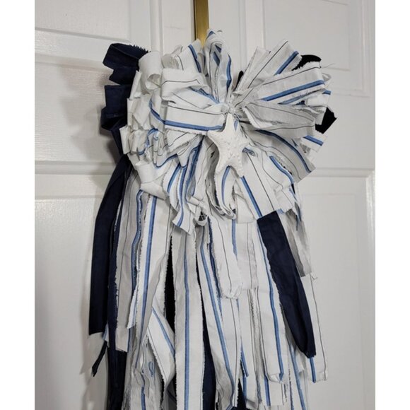 Beach Rag Bow, Starfish Rag Bow, Summer Coastal White/Blue Stripe Wreath Rag Bow - Picture 8 of 12